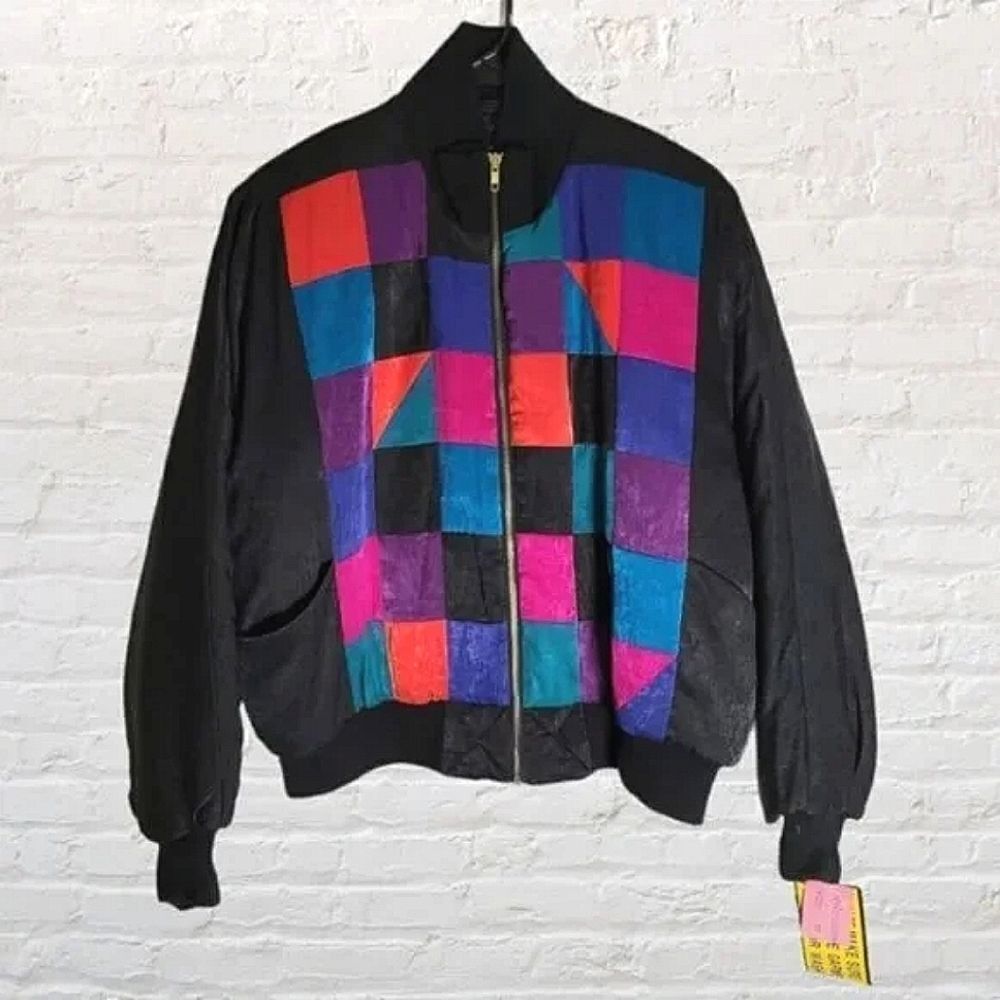 Vintage Mulberry Street medium multicolored bomber jacket black colorblock NWT
